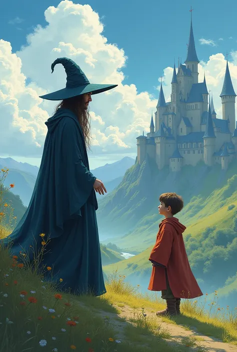 I would like you to make a wizard and a child demihuman in an isekai in a landscape without realism please 