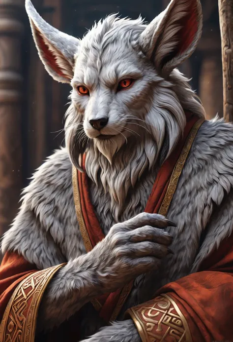 Anthropomorphic  kitsune-satyr monk. Old, wrinkled ancient, wise face. wizened gray fur speckled red. long detailed fingers. Official Art – An Award-Winning Digital Masterpiece In 4K Ultra HD, Extreme Detail And Intricate Realism. Symmetrical Face. This Co...