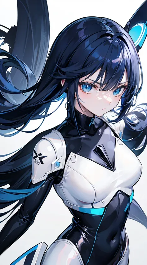 white solid background，stand at attention，ID photo，Black patent leather bodysuit，Long navy blue hair，blue eyes，stand at attention站好，ID photo，Game CG，Stand still，front