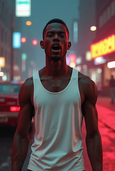 Skinny black man in white tank top, cj do gta, with the mouth open