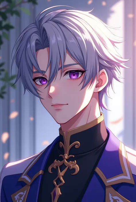 male, silver hair, purple eyes, emperor, drowsy eyes, soft and white skin, Noble appearance, 20&#39;s, bust, animated movie