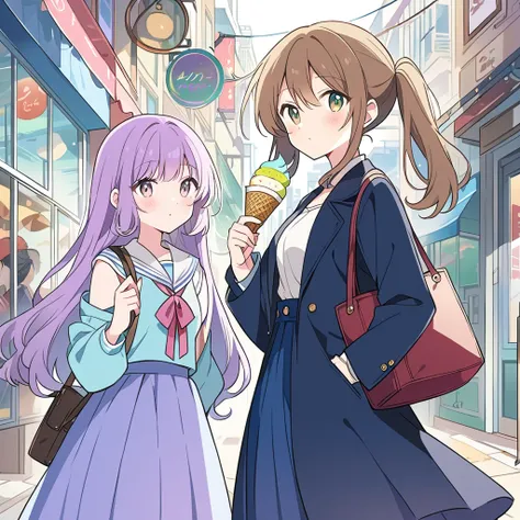 Two girls, one girl with red wavy long hair,brown  eyes,other girl with pale purple low-twintail,green eyes, The two of them walk through the city eating ice cream,masterpiece, detailed line drawing, illustration, anime style, official art, 8K