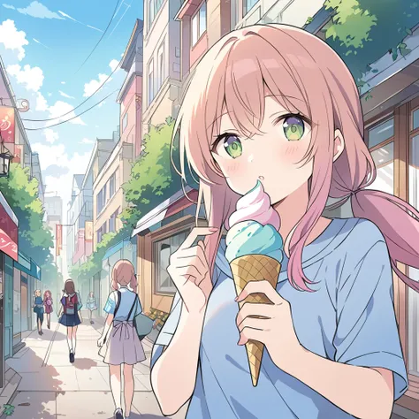 Two girls, one girl with red wavy long hair,brown  eyes,other girl with pale purple low-twintail,green eyes, The two of them walk through the city eating ice cream,masterpiece, detailed line drawing, illustration, anime style, official art, 8K