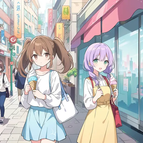 Two girls, one girl with red wavy long hair,brown  eyes,other girl with pale purple low-twintail,green eyes, The two of them walk through the city eating ice cream,masterpiece, detailed line drawing, illustration, anime style, official art, 8K