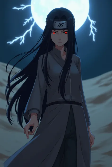 Naruto style, black hair, red eyes, long hair, female, looking at viewer, pensive, moonlight, desert, lightning strike, outstretched hand, sharingan eyes, sand headband 