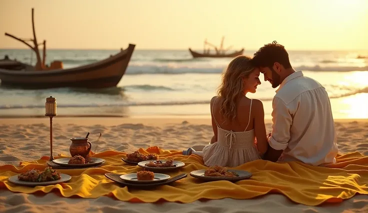 A beautiful scene by the sea, avec une nappe dorée étalée sur le sable, delicious dishes beautifully arranged, et une ambiance romantique parfaite pour se détendre.

This combination highlights the idea that sometimes, un simple geste attentionné comme un ...