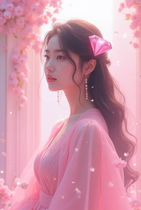 Create a K-pop album cover with soft pink tones. A pink diamond stands out in the design with sparkling details. Include elements that symbolize emotional healing and self-acceptance, with an elegant and modern style