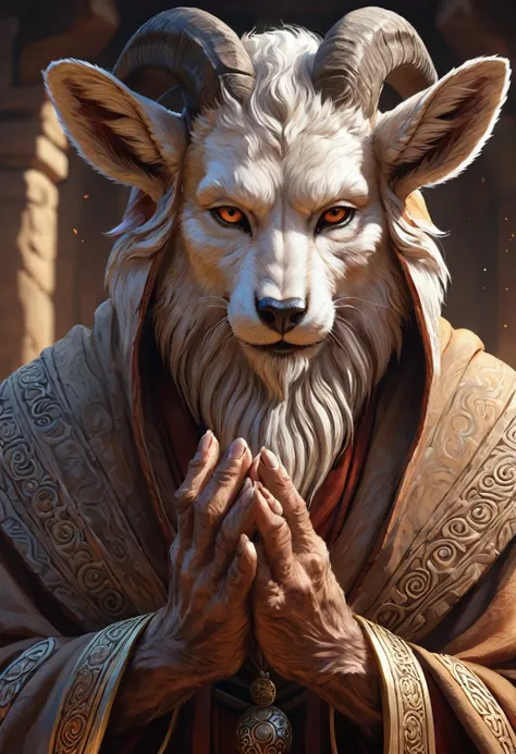 Anthropomorphic  kitsune-satyr monk. Old, wrinkled ancient, wise face. wizened. long detailed fingers. Official Art – An Award-Winning Digital Masterpiece In 4K Ultra HD, Extreme Detail And Intricate Realism. Symmetrical Face. This Concept Art Brought To L...