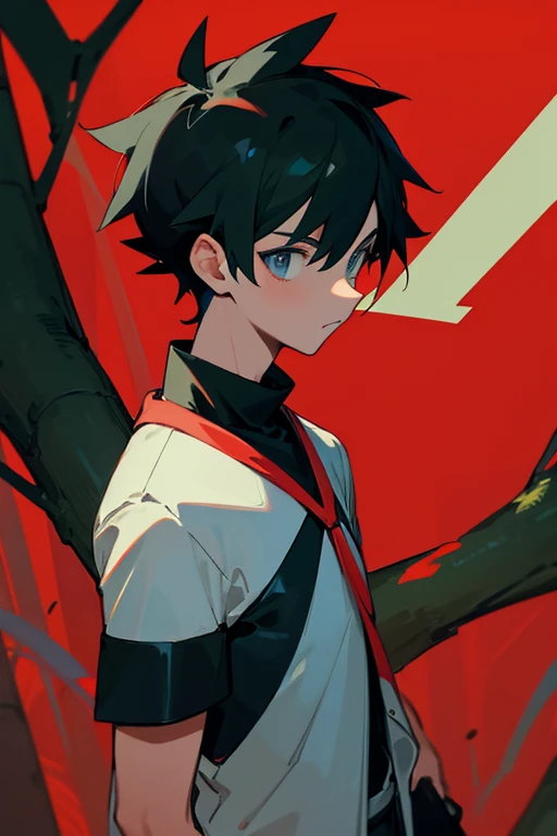 masterpiece, best quality, 1boy, pokemon trainer wearing black and red, forest background