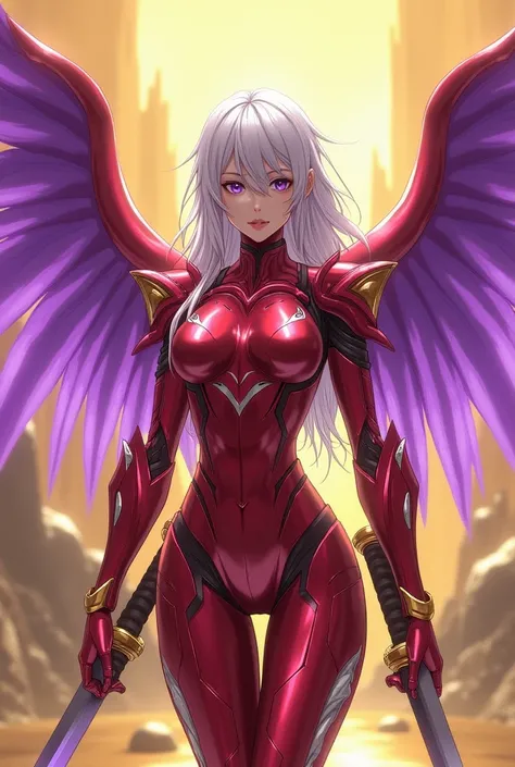 Robotic girl with ruby colored armor, Purple Wings, with white hair special details on the arms, two swords on the coast, golden rings scenario. アニメ
