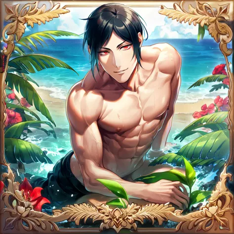 Ultra detailed, HDR, Highres, absurdres, master piece, Sebastian Michaelis, black hair, expressive red eyes, without shirt, bare chest, toned chest, Kuroshitsuji, sexy man, handsome, flowers, fantasy, magical, green leaves, handsome, best quality, sensual,...