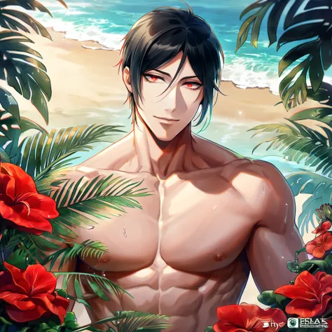 ultra detailed, hdr, highres, absurdres, master piece, sebastian michaelis, black hair, expressive red eyes, without shirt, bare...