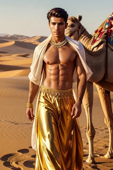 A young cute handsome beautiful face white shirtless naked man stands in a desert wearing a shiny golden arabian dress like a prince with a camel  