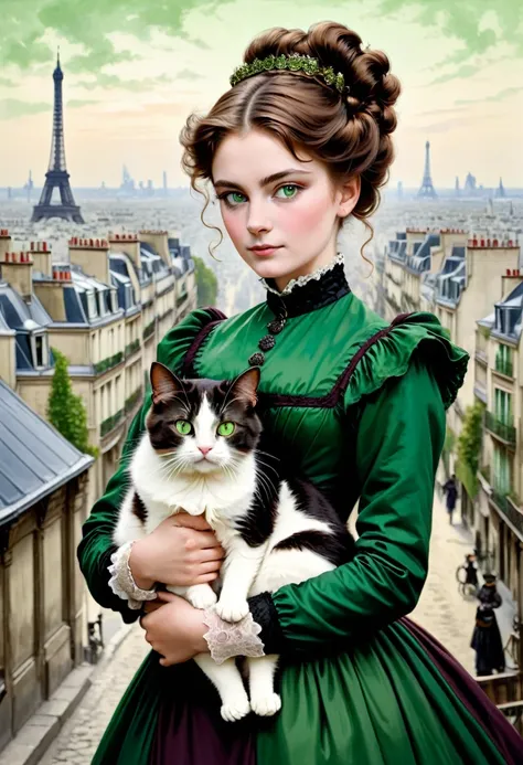 A 20-year-old woman with a hard and cold character, Brown hair updo and locks of hair, Victorian era wine dress,green eyes, carrying a cat: black with white, in the background the city of Paris, 1880