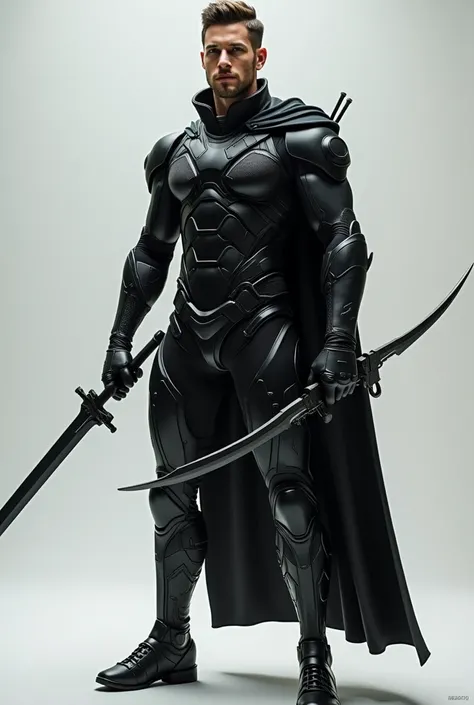 A slightly tight-fitting battle suit, black, highly mobile, modern, no cloak, holding a modern sword and a bow. The wearer is a man.