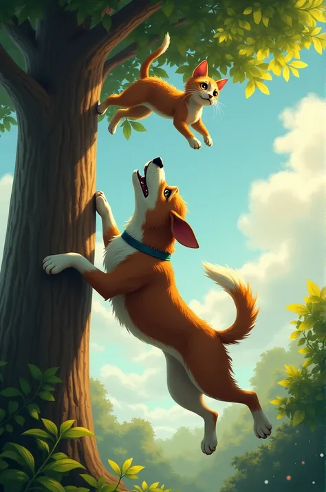 A dog saves a cat from falling off a tree