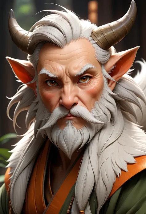 Anthropomorphic  kitsune-satyr monk. Old, wrinkled ancient, wise face. wizened. long detailed fingers. Official Art – An Award-Winning Digital Masterpiece In 4K Ultra HD, Extreme Detail And Intricate Realism. Symmetrical Face. This Concept Art Brought To L...