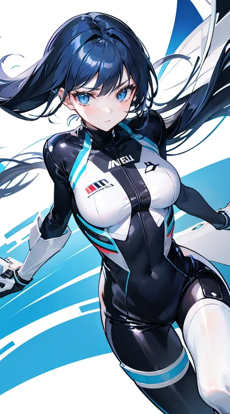 Remove all backgrounds，white solid background，black racing suit，white solid background，stand at attention，ID photo，Black patent leather bodysuit，Long navy blue hair，blue eyes，stand at attention站好，ID photo，Game CG，Stand still，front