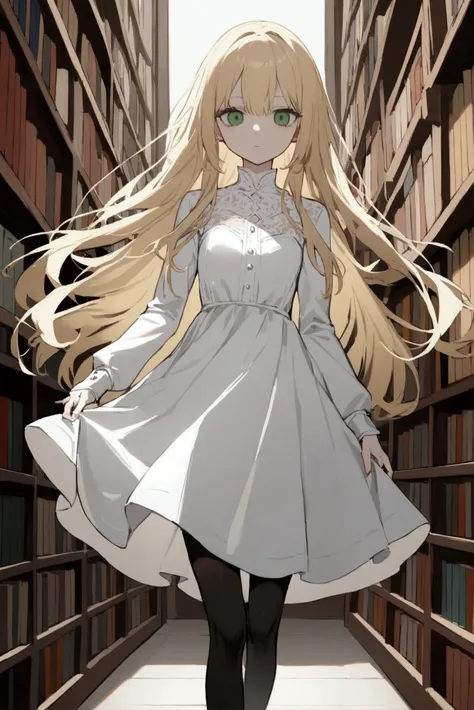 1 woman, alone, library, white dress, Ball joints, long sleeves ,long hair, blond hair, Green eye, looking at viewer, whole body, small breasts, expressionless, black stockings, White shoes, dead eyes