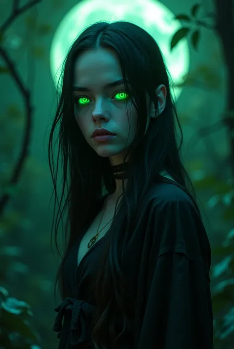 Wednesday Adams as Jenna Ortega me a picture of a nocturnal androgynous witch, of the Moon, from the shadows, green, Cyan call of the sign Aquarius, vegetarian,sus colores favoritos son el azul y el green pero sobre todo el viridian y es una pantera de ojo...