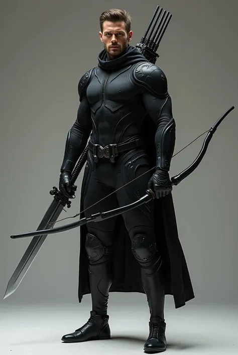 A slightly tight-fitting battle suit, black, highly mobile, made of stretchy fabric, modern, no covering, holding a modern sword and a bow. The wearer is a man.