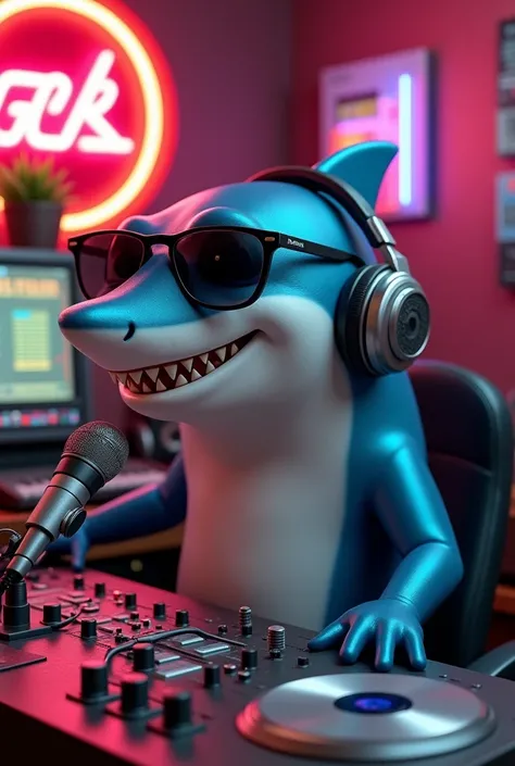 A shark with sunglasses and a good vibe in a radio booth 