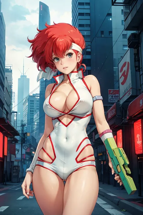 Wearing revealing white clothing『Dirty Pair』Kei, Cleavage, Redhead beauty, Cyberpunk City Background, Holding a retro space gun, Green headband, Narrow waist, Thigh Gap