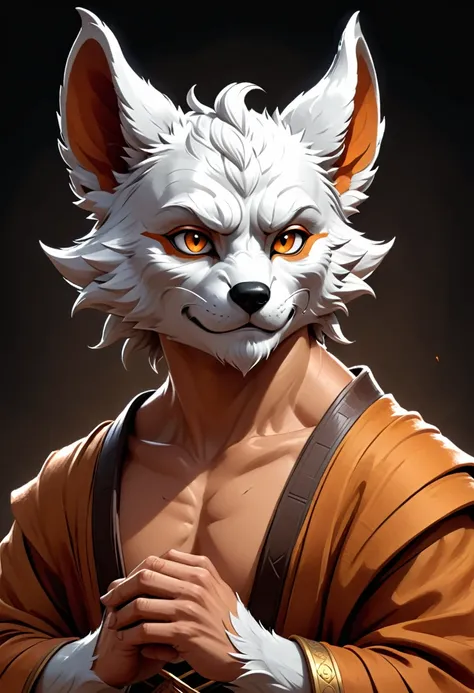 Anthropomorphic  kitsune-satyr monk. Old, wrinkled ancient, wise face. wizened. long detailed fingers. Official Art – An Award-Winning Digital Masterpiece In 4K Ultra HD, Extreme Detail And Intricate Realism. Symmetrical Face. This Concept Art Brought To L...