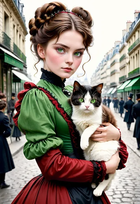 A 20-year-old woman with a hard and cold character, Brown hair updo and locks of hair, red victorian era dress,green eyes, carrying a cat: black with white, in the background the city of Paris, 1880