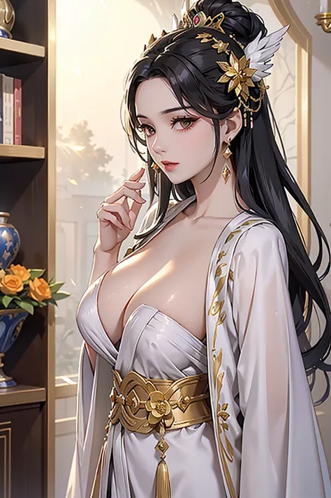 Black Hair, Immortal, Beauty, Royal sister, Stepmother, White and gold robe robe, Golden Phoenix Coronet, Hair Bunch, Beautiful Breasts , Mature Woman，Sunshine