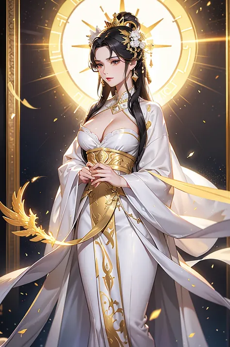 Black Hair, Immortal, Beauty, Royal sister, Stepmother, White and gold robe robe, Golden Phoenix Coronet, Hair Bunch, Beautiful Breasts , Mature Woman，Sunshine