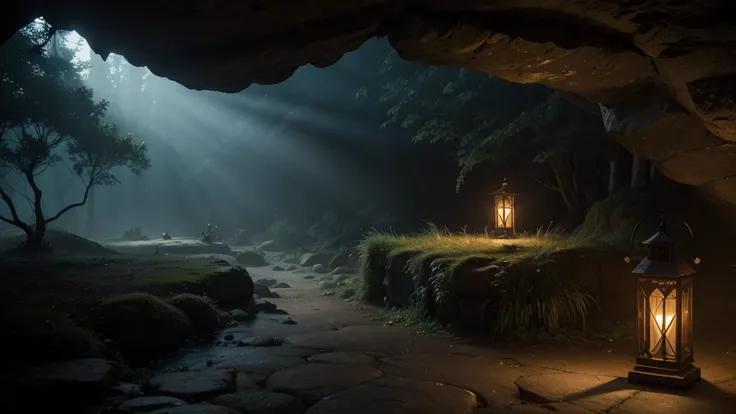 a medieval scroll, a dimly lit cave, a flickering lantern, intricate detailed textures, warm lighting, cinematic composition, dramatic shadows, mysterious atmosphere, moody chiaroscuro, fantasy landscape, high quality, 8K, photorealistic, masterpiece, dram...