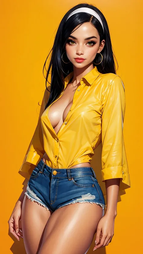 Alluring young girl, smile, collared shirt, unbuttoned shirt, sleeves rolled up, denim shorts, small breast, hairband, (wide hips), sexy thighs, ((straight hair)), comic retro style, (masterpiece, best quality:1.2), simple background