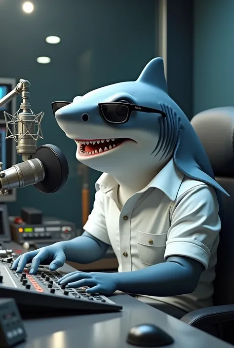 A shark with sunglasses and a white shirt in a radio booth 