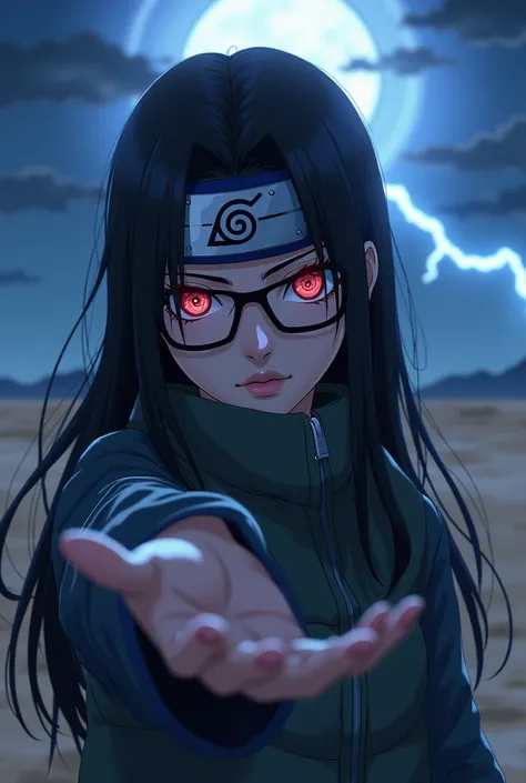 Naruto style, black hair, red eyes, long hair, female, looking at viewer, pensive, moonlight, desert, lightning strike, outstretched hand, sharingan eyes, black glasses, blue headband 