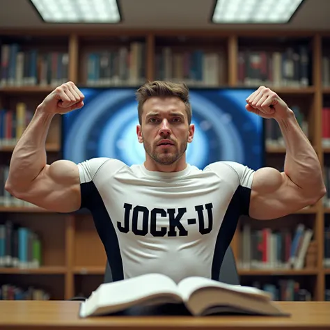 Young male college student Wearing shirt that says JOCK-U as a big dumb hyper muscular sweaty bodybuilder football jock bro in skin-tight compression gear flexing and staring blankly forward at the camera with open mouth under hypnosis. A monitor displayin...