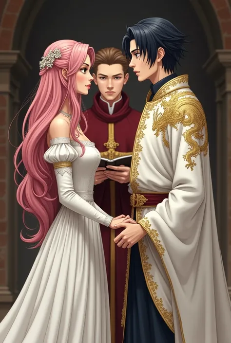 Medieval romantic setting. Beautiful woman with pink long hair and hazel eyes clad in a white wedding dress with golden dragon pattern embroidery. The man is handsome and tall with a sasuke uchiha hairstyle and dark eyes clad in regal white and golden drag...