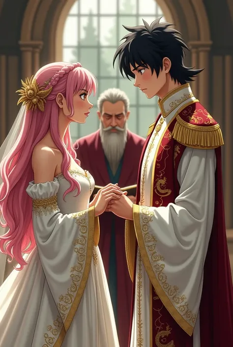 Medieval romantic setting. Beautiful woman with pink long hair and hazel eyes clad in a white wedding dress with golden dragon pattern embroidery. The man is handsome and tall with a sasuke uchiha hairstyle and dark eyes clad in regal white and golden drag...