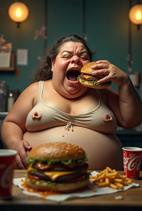 very fat woman, extremely fat, obese, Eating hamburger 