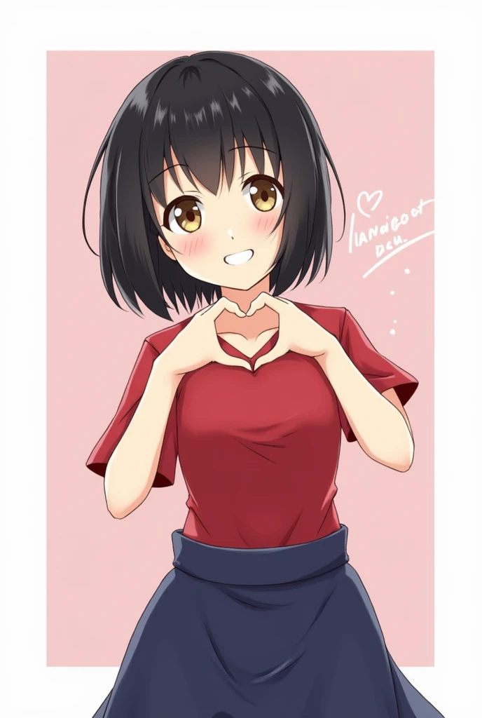 Black Bob　Lighter bangs　Red short sleeves　Navy blue fluffy skirt　D Cup　girl　Purikura　Making a heart with hands　Highly detailed skin texture　Brown eyebrows