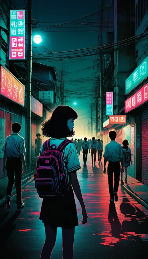 An illustration、art、80s Thai horror movie poster, Supervised by Junji Ito、(high school student:1.25)、night、Urban area、Attention to detail, Realistic Shadows、Analog Style, chromatic aberration, Surrealism、Complementary Gradient