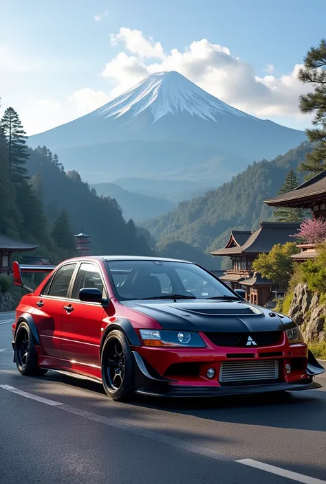 Draw a Mitsubishi Lancer Evo 6 of the 2000s tuning with landscape japanese 


