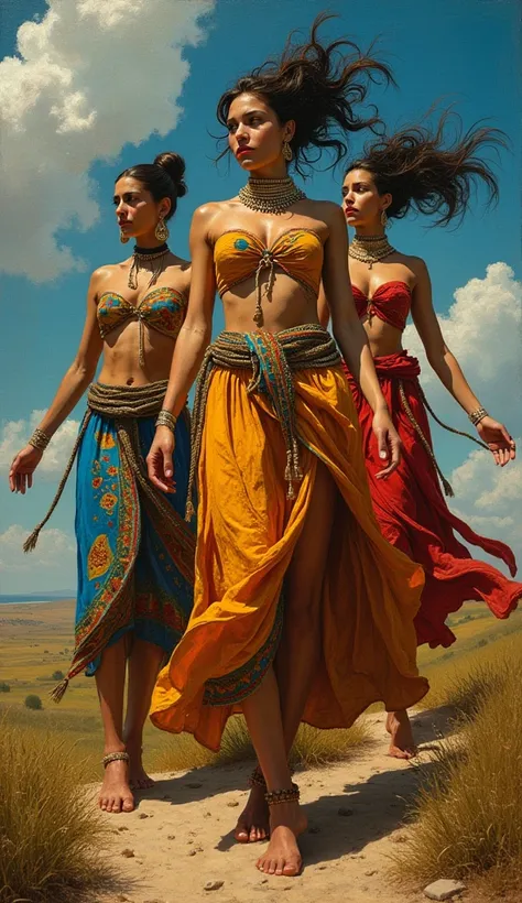  (oil painted), ((three female Latina goddess)), ((Full body)), ((dynamic pose)), (((short hair or hairless))), stunning face ,((Random dress tribal clothes)), (((tribal artifacts))), ((bright golden tribal painting tattoo in boby)), Hard storming and wind...