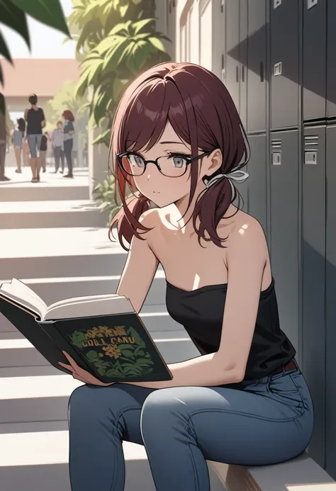 (masterpiece, best quality), stoic, glasses, looking down at and reading book, beautiful face, upper body, close up, Gray eyes, dark red hair, swept bangs, low twin tails, white ribbons, glasses, strapless black shirt, jeans, small breasts, shadows, colleg...