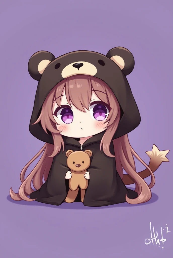 a
bangss bangss、bangss、bangss crespa、Long brown hair、wearing a dark brown bear hood、Chibi character com Long brown hair、wearing a dark brown bear ear hooded blanket、purples eyes、purple betta background、Chibi character、holding a teddy bear、bear face hood