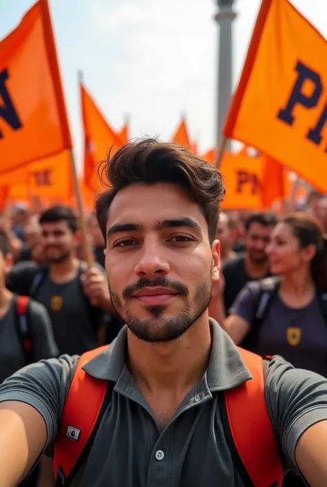 A selfie of me with people holding orange flags with PN insignia