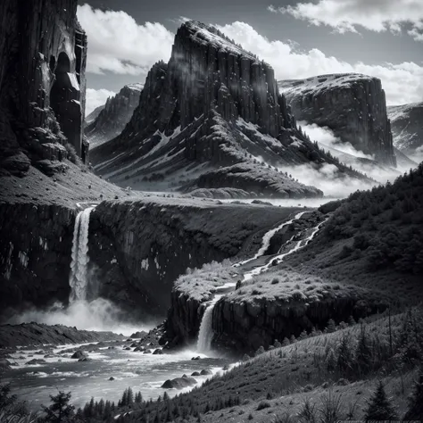 Black and white mountains with a waterfall and a few trees in the foreground, impressive fantasy landscape, an epic landscape, fantasy matte painting，cute, fantasy art landscape, most epic landscape, 4k hd matte digital painting, epic fantasy landscape, 4k...