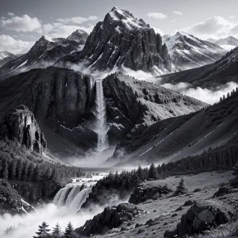 Black and white mountains with a waterfall and a few trees in the foreground, impressive fantasy landscape, an epic landscape, fantasy matte painting，cute, fantasy art landscape, most epic landscape, 4k hd matte digital painting, epic fantasy landscape, 4k...