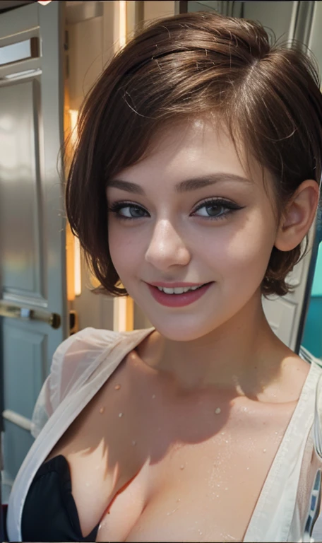 Photo of a 15 year old American girl., .raw, beautiful woman,  light brown hair pixie , pixie hair cut , Light brown hair((portrait)), ((detailed face:1.2)), ((detailed facial features)), (Piel finamente detallada), Pale skin , freckles on cheeks , blue ey...