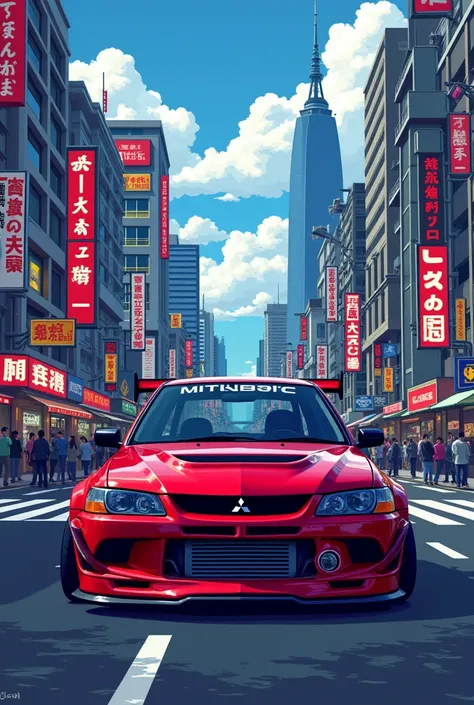 Draw a Mitsubishi Lancer Evo 6 of the 2000s tuning with landscape japanese city 8bits


